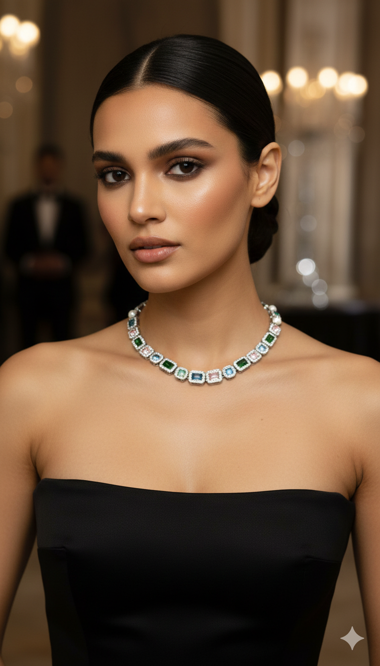 Multi-Color Gemstone & Pearl Silver-Tone Tennis Necklace