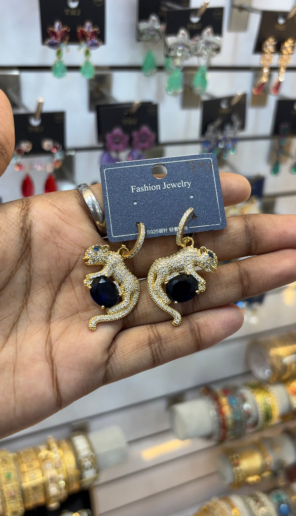 Leopard Drop Earrings with Deep Navy Blue Center Stone
