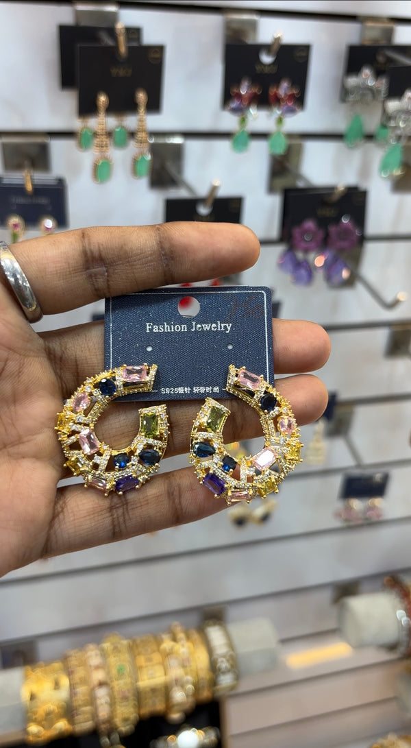 Glamorous Multi-Color CZ Gemstone Hoop Earrings