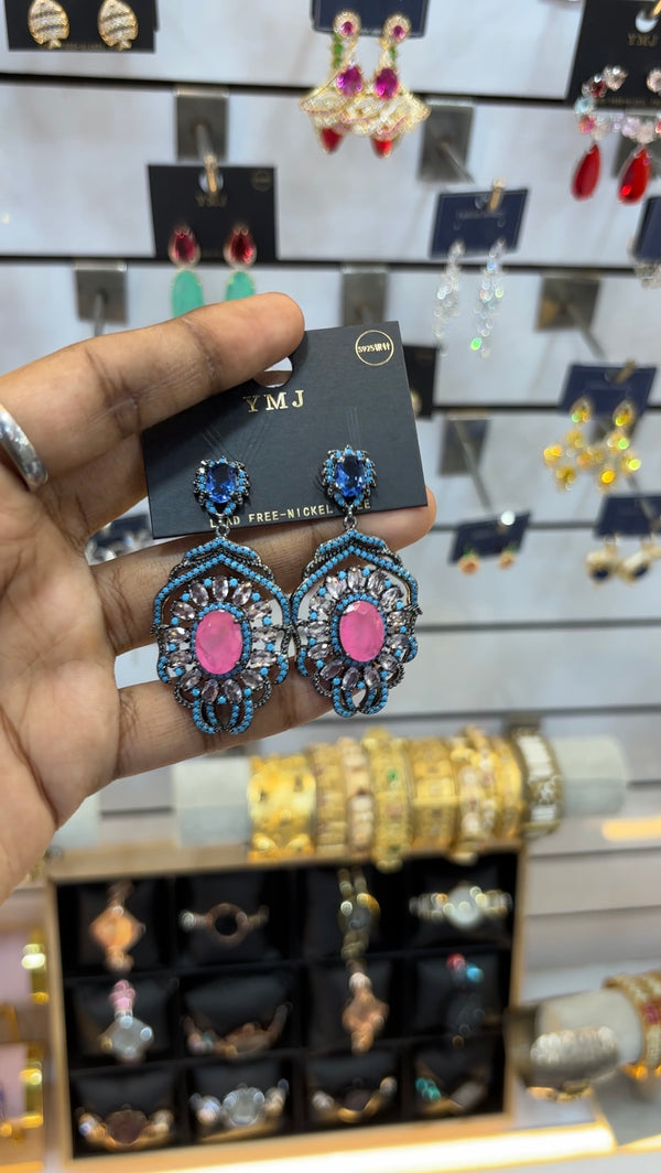 Elegant Style Pink & Blue Stone Dangle Earrings