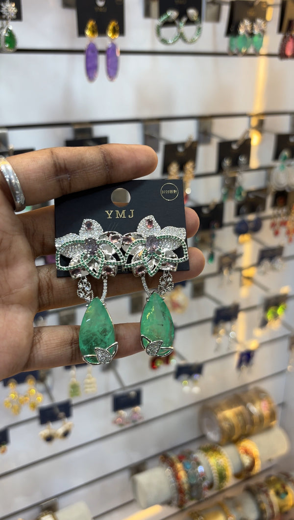 Luxury Green Teardrop Gemstone and CZ Floral Drop Earrings