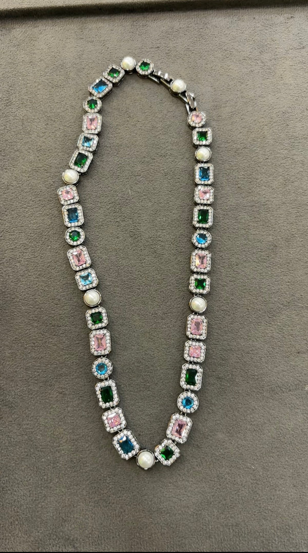 Multi-Color Gemstone & Pearl Silver-Tone Tennis Necklace