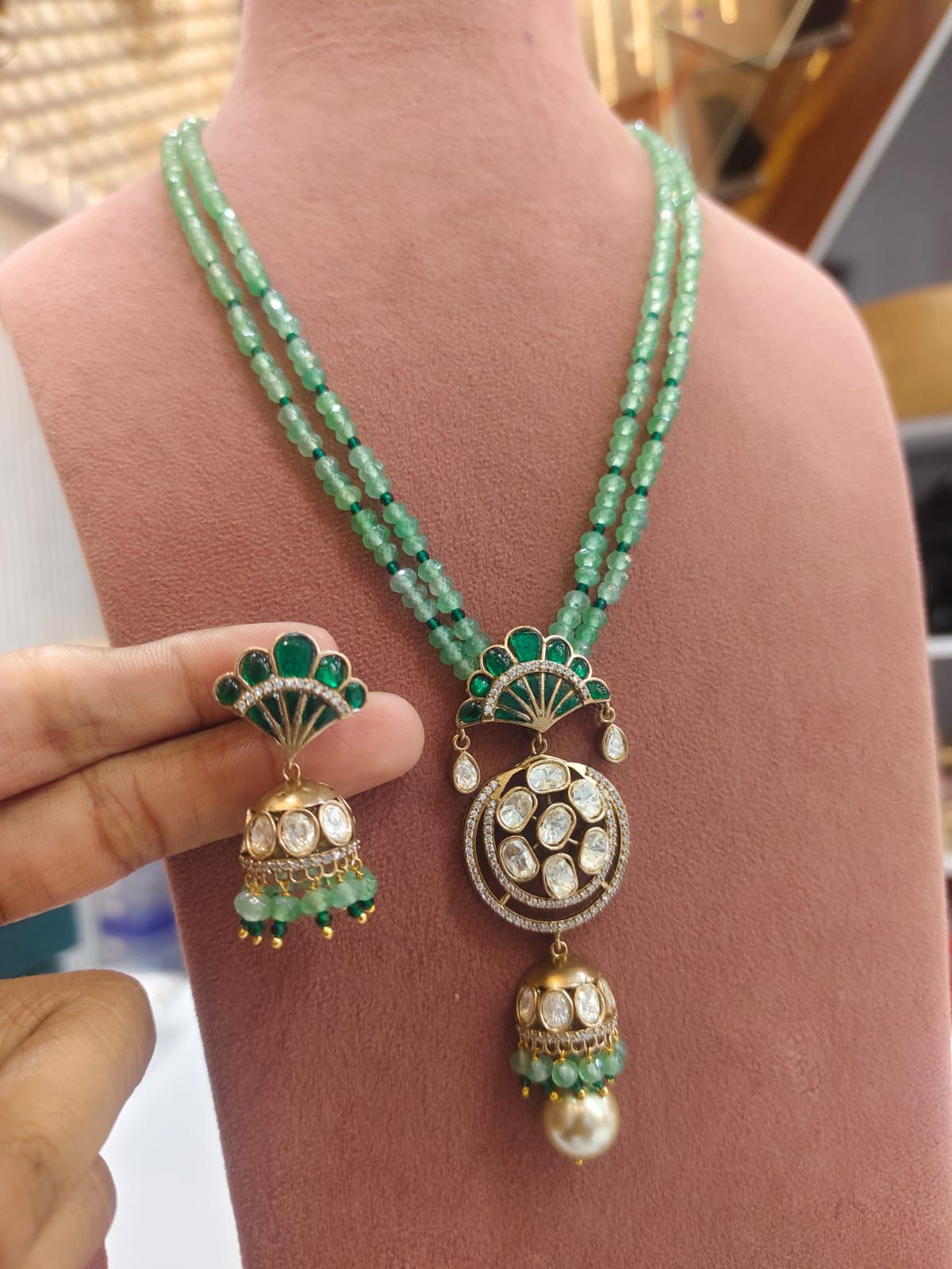 Regal Double-Strand Pearl & Moissanite Polki Jhumka Pendant Set