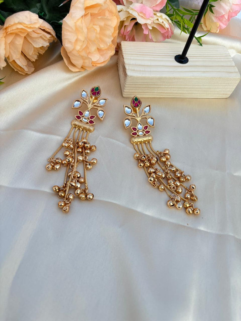 Kundan Floral Gold-Plated Long Drop Earrings