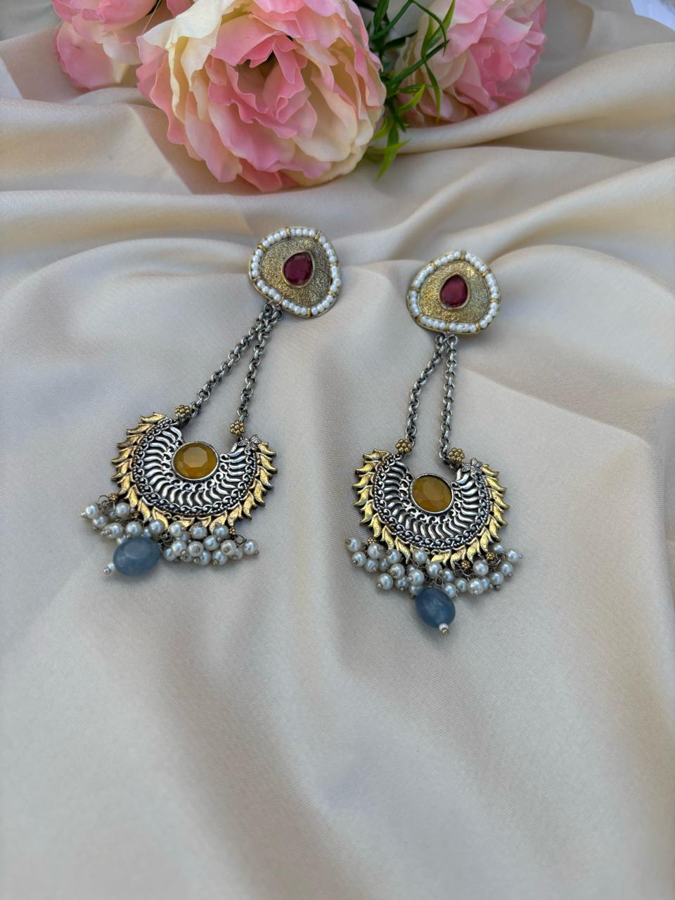 Antique Silver Dual-Tone Long Dangler Earrings