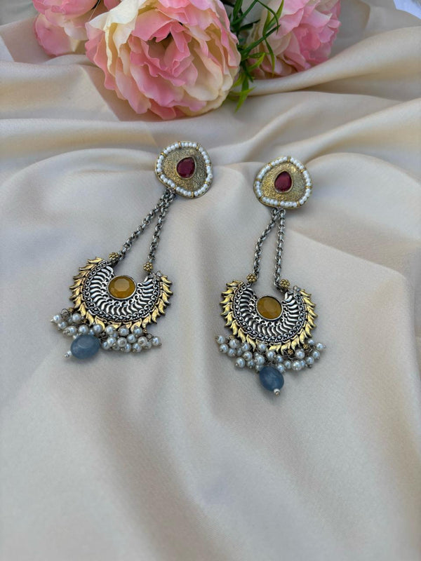 Antique Silver Dual-Tone Long Dangler Earrings