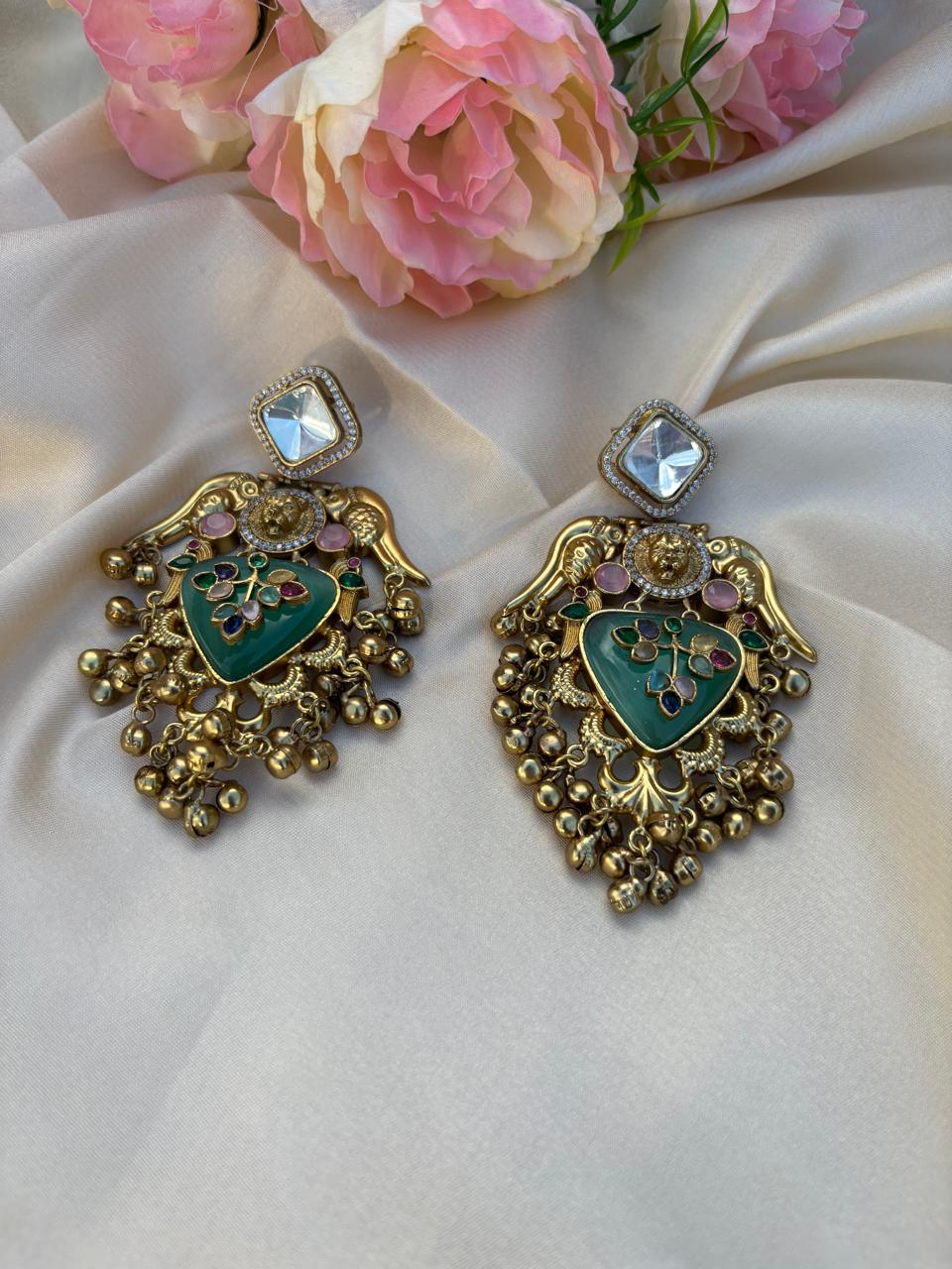 Emerald Gold-Plated Traditional Jhumka Earrings