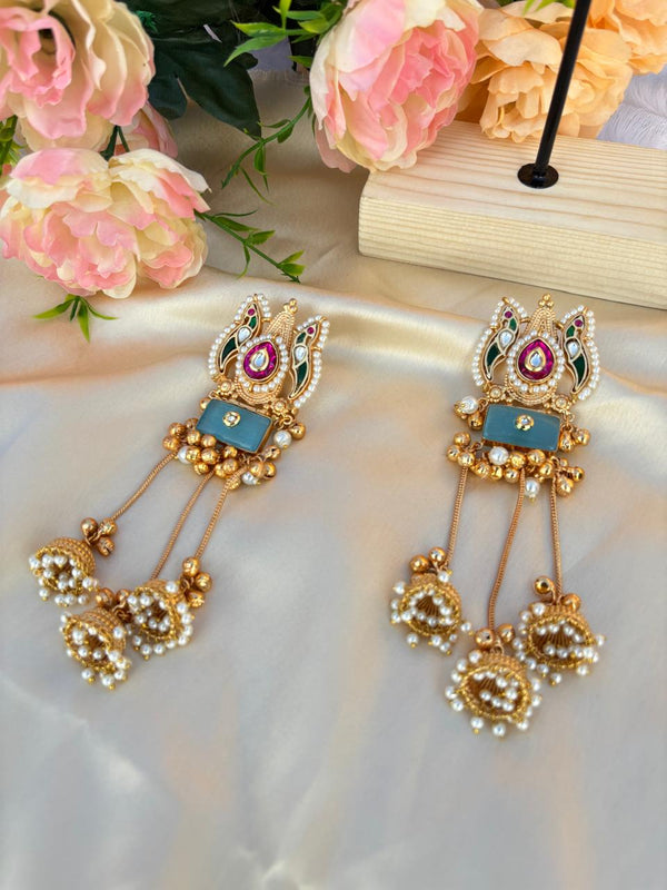 Royal Peacock Kundan Long Jhumka Earrings