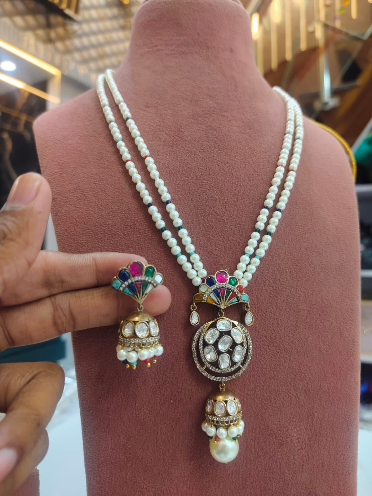 Regal Double-Strand Pearl & Moissanite Polki Jhumka Pendant Set