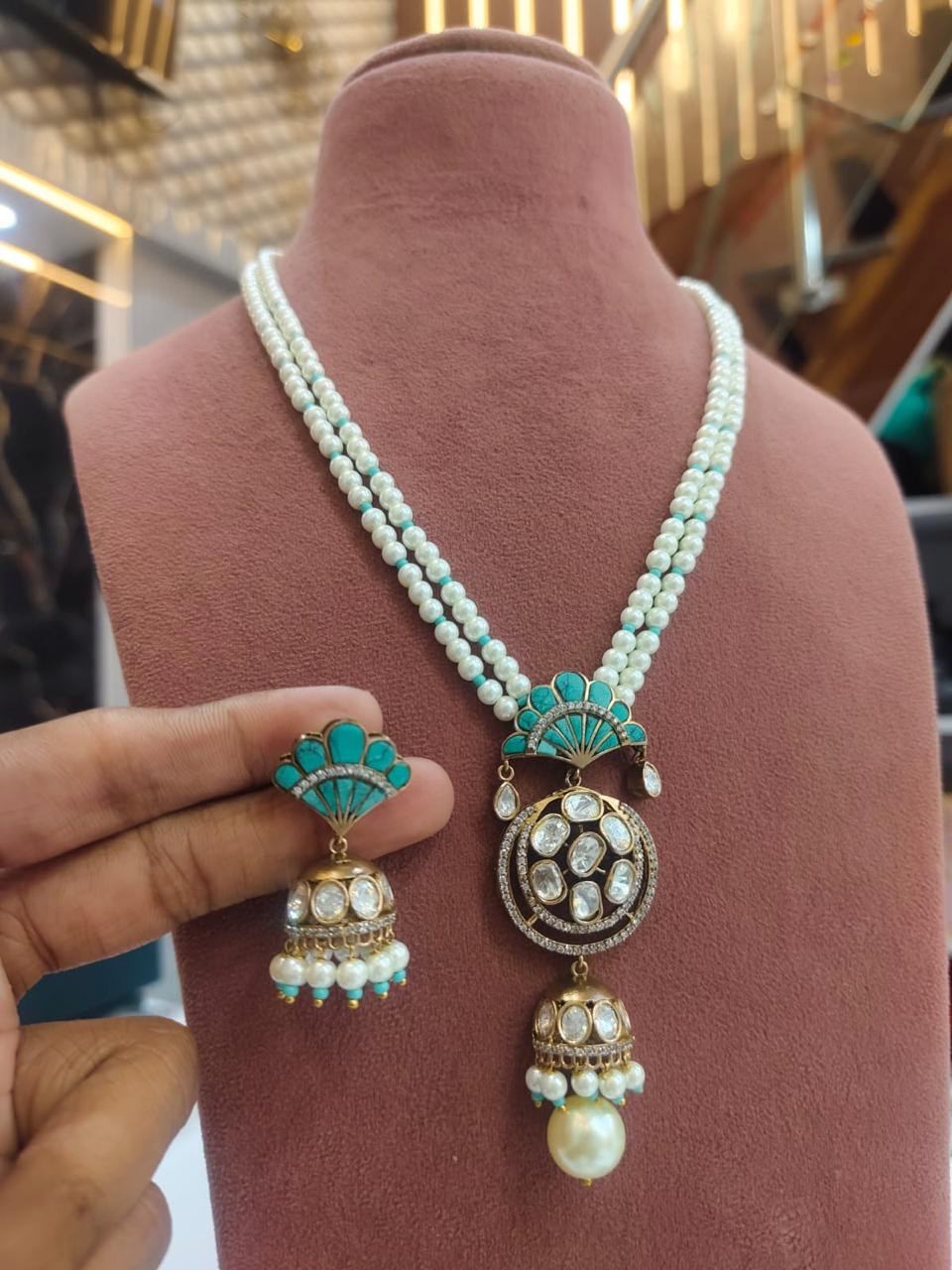 Regal Double-Strand Pearl & Moissanite Polki Jhumka Pendant Set