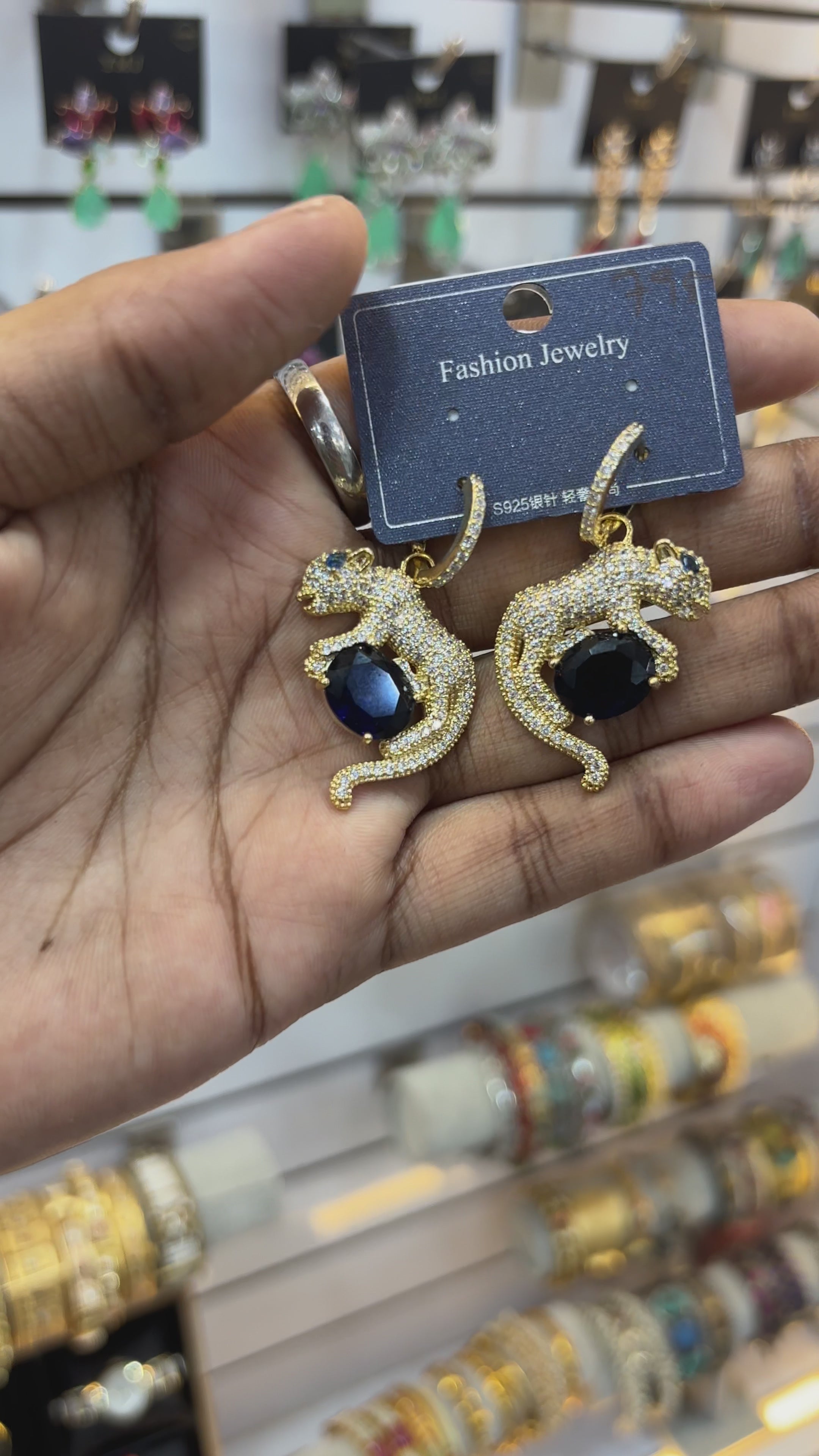 Leopard Drop Earrings with Deep Navy Blue Center Stone