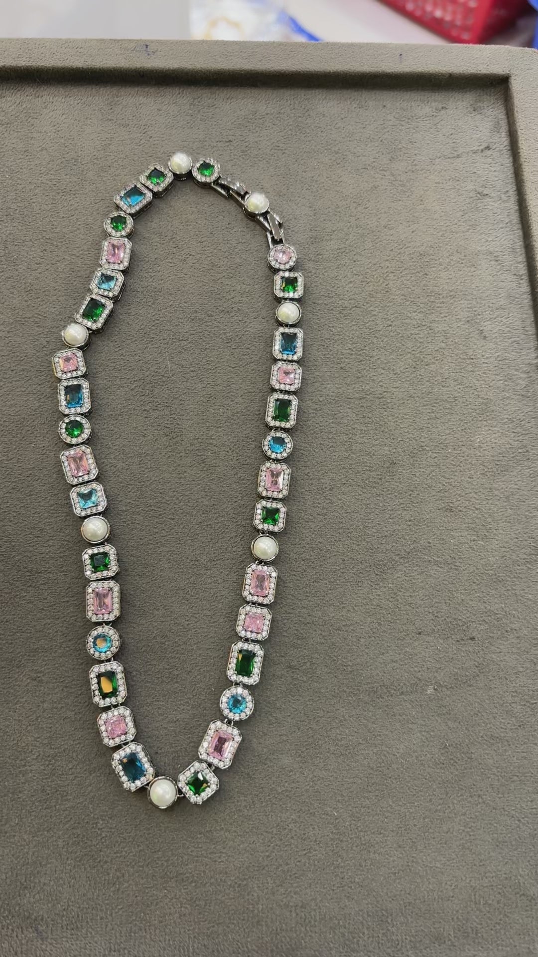 Multi-Color Gemstone & Pearl Silver-Tone Tennis Necklace